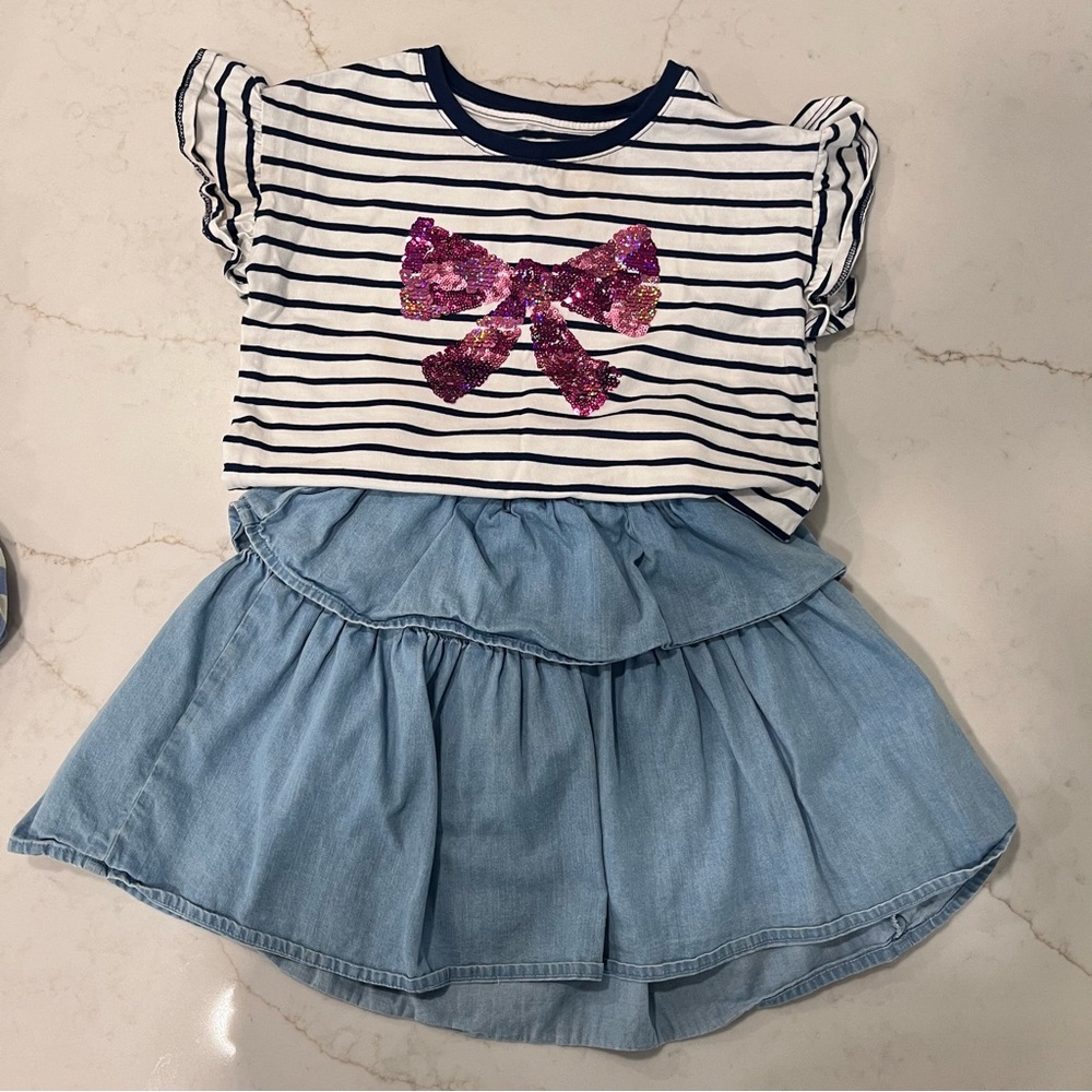 Jumping Beans Striped Bow Tee + Chambray Ruffle Skirt Outfit Set | Girls 7